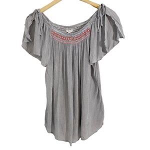 Maurices Medium Blue & White Striped Multicolor Embroidered Smocked Top